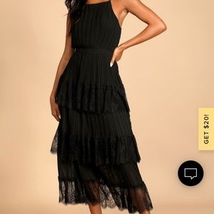 Came For Cocktails Black Pleated Tiered Lace Maxi Dress